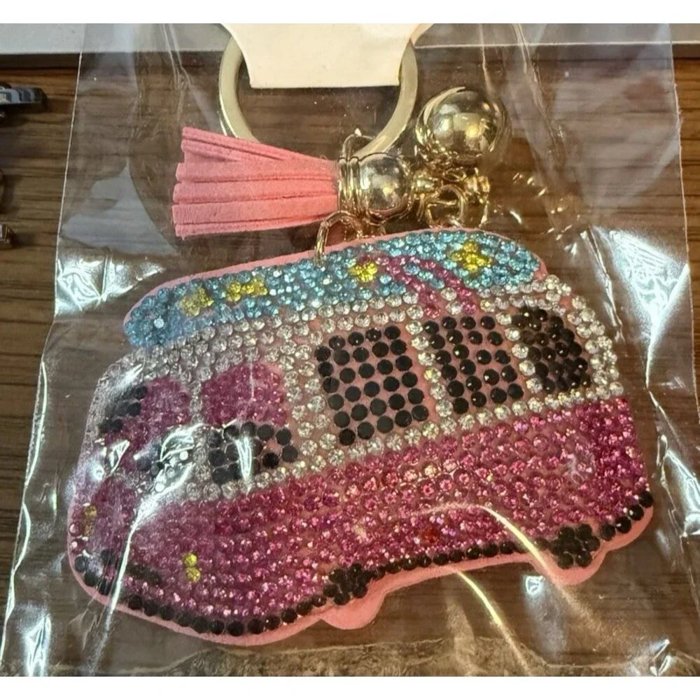 Peace Hippie Van Crystal Bag Charm Rainbow Bling Keychain Tassel NIP
